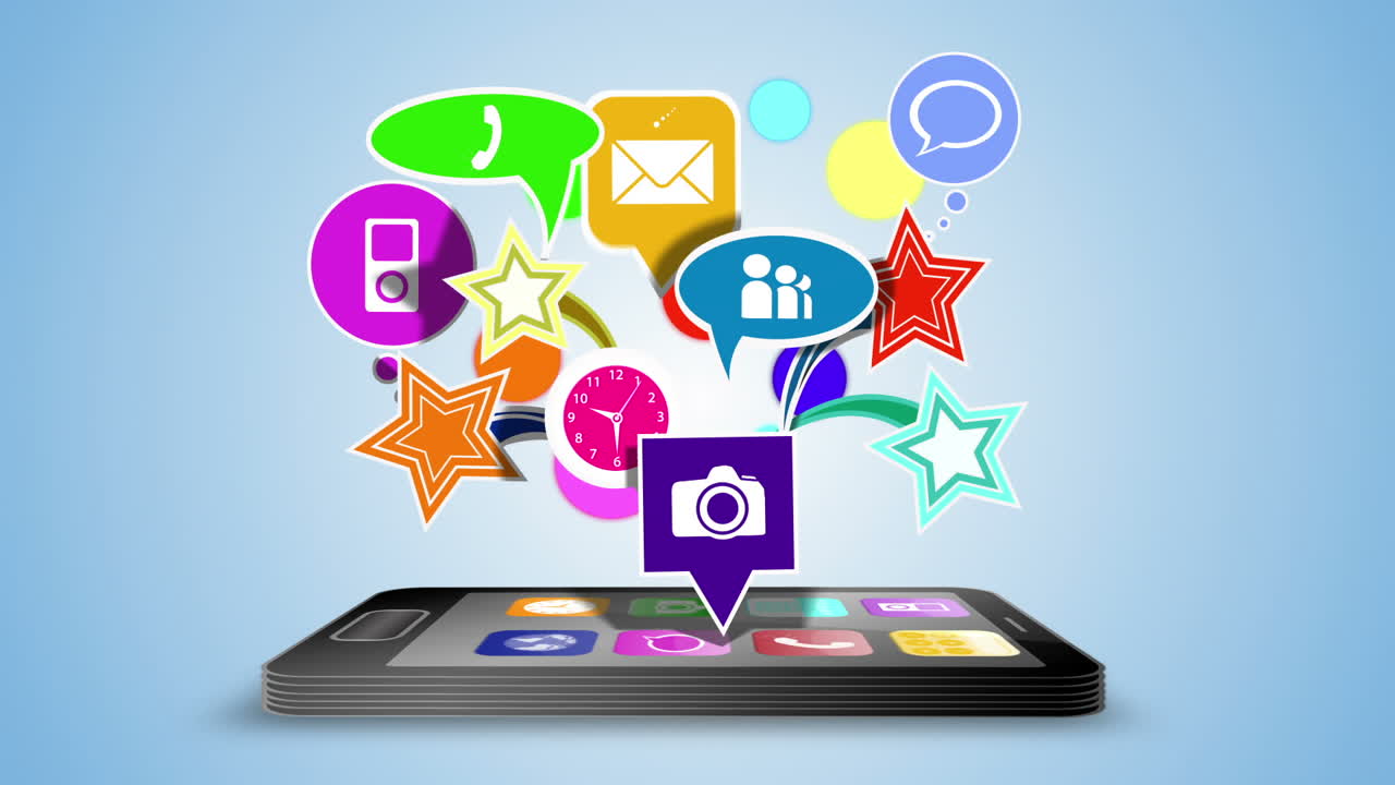 iconos de aplicaciones flotando sobre el teléfono inteligente negro