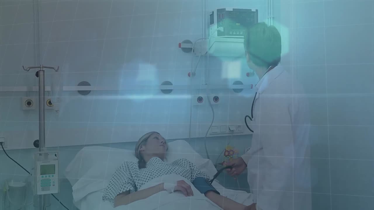 animación del ritmo cardíaco en un médico caucásico y una paciente en el hospital.