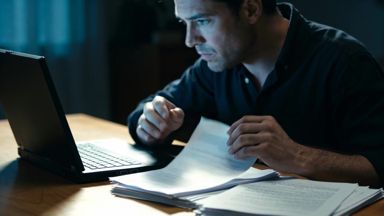 Homem de camisa escura respondendo à tela iluminada do laptop, escaneando papéis em uma mesa de madeira no escritório em casa.