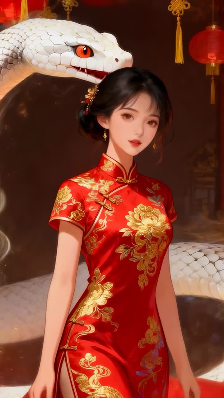 Vídeo vertical: Señora con un qipao rojo mirando a una serpiente que entra por la izquierda en una habitación ornamentada, con faroles
