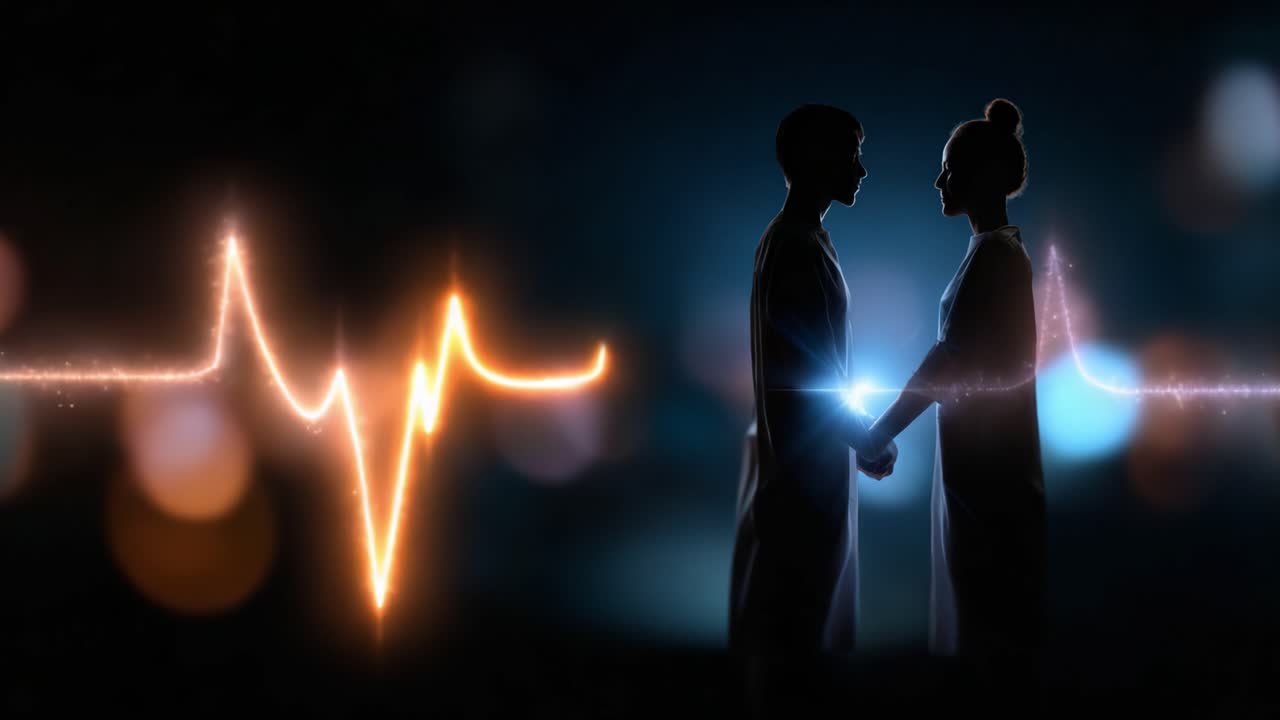 Due silhouette che si tengono per mano su una visualizzazione vivace di un battito cardiaco, a simboleggiare connessione, amore e l'unità che si trova nelle relazioni affettive