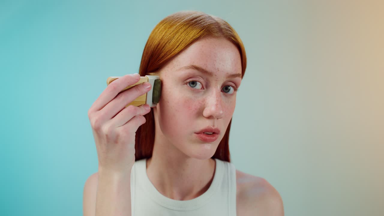 mujer aplicando tratamiento facial con una herramienta de madera