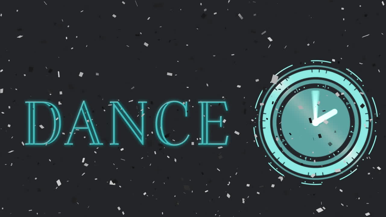 Animation of confetti with dance text and clock on black background