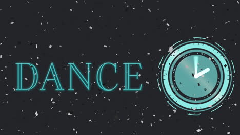 animación de confeti con texto de baile y reloj sobre fondo negro