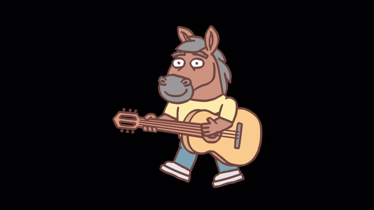 Horse plays guitar and walks. Frame by frame animation. Alpha channel
