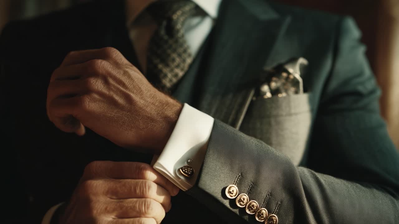 Stylish Man Adjusting Cufflinks in Elegant Suit: A Sophisticated Display of Fashion and Attention to Detail in Formalwear
