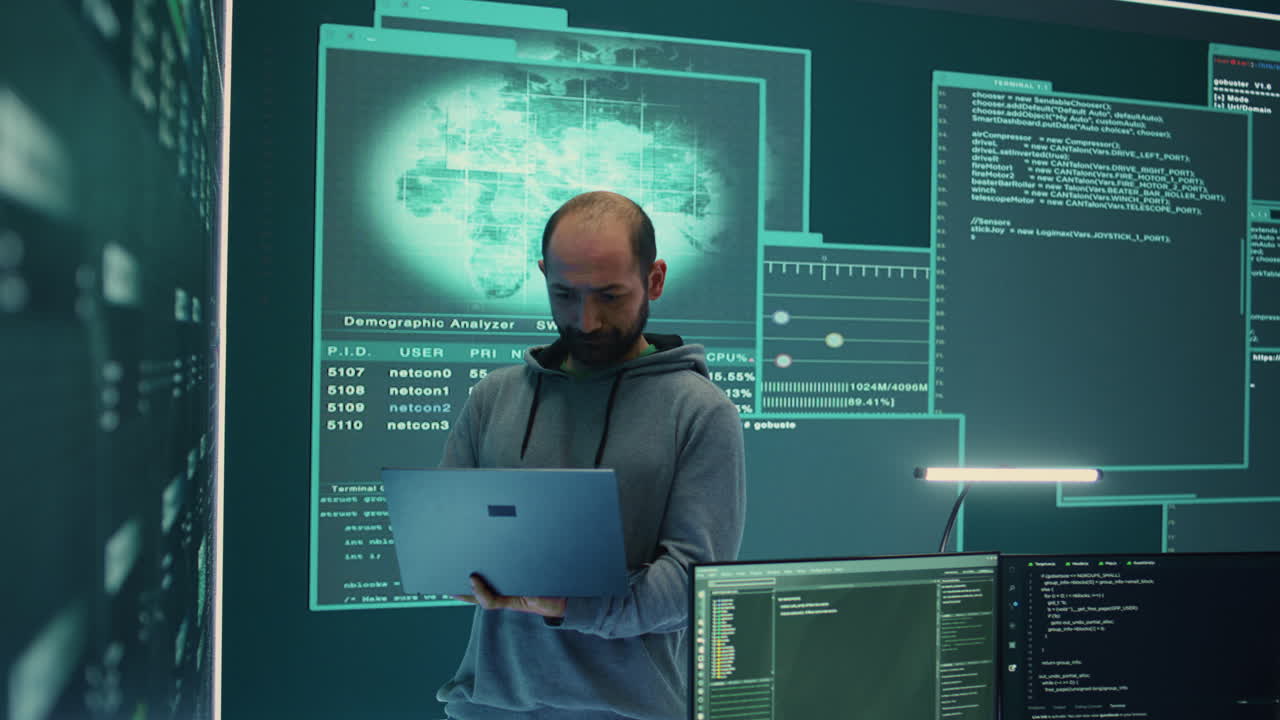 Cyber defense expert examining data on a big screen in governmental agency