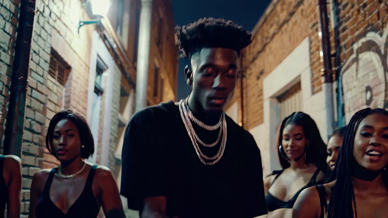 Urban night scene video with a low-angle shot of people dancing in a graffiti-lined alley