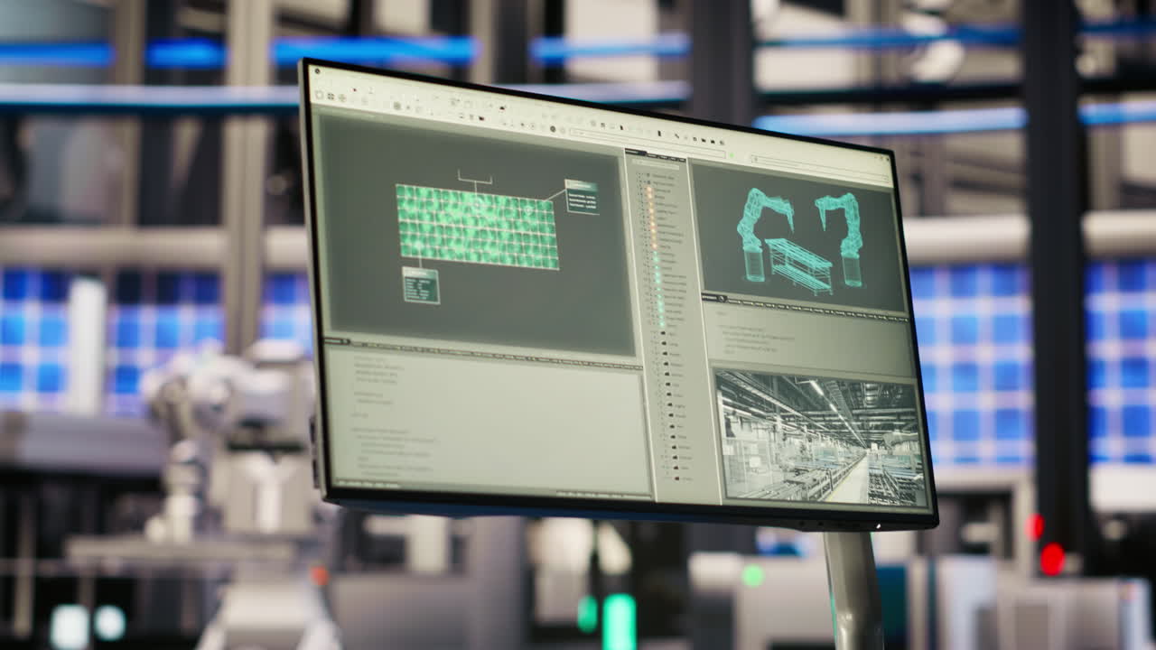 Vertical video Robotics software on screen in smart factory used to inspect machinery