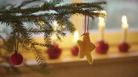 christmas decorations - wool star on a christmas tree, sweden, close up