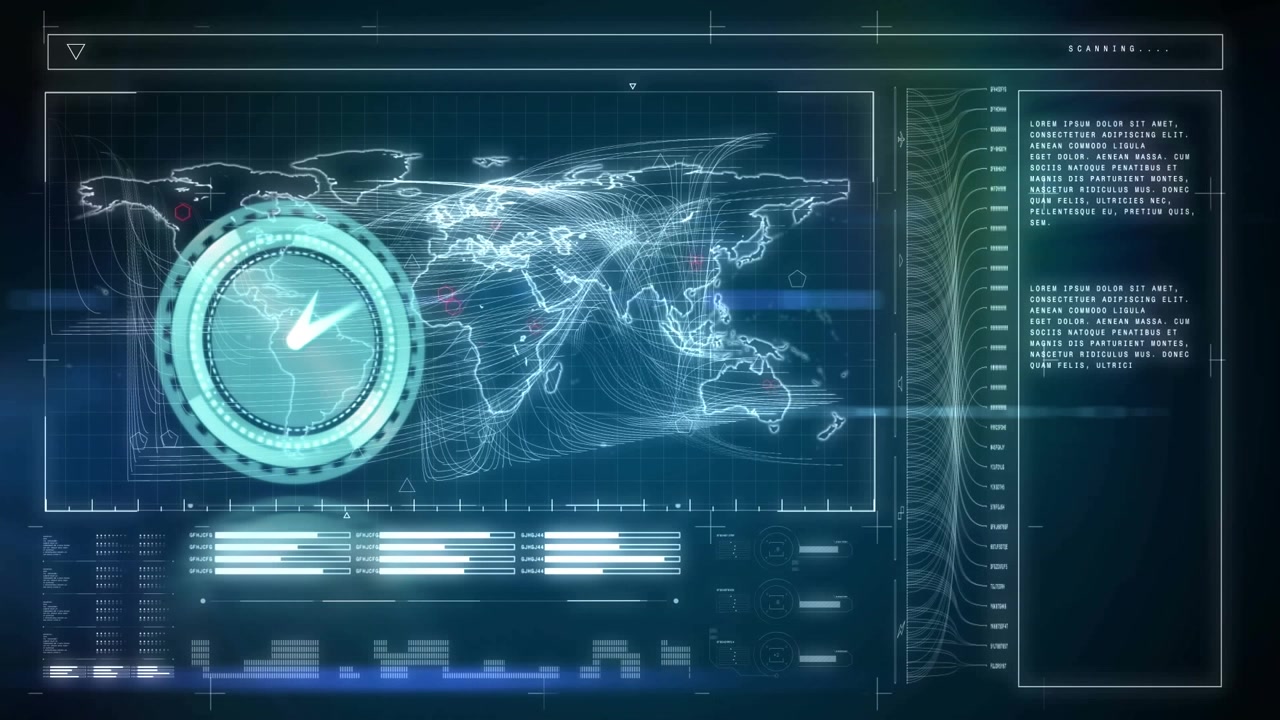 Animation of clock moving fast and data processing on digital screen