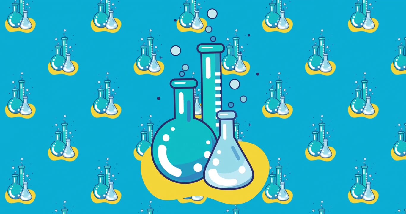 Chemistry beakers icons moving over multiple chemistry beakers icons against blue background