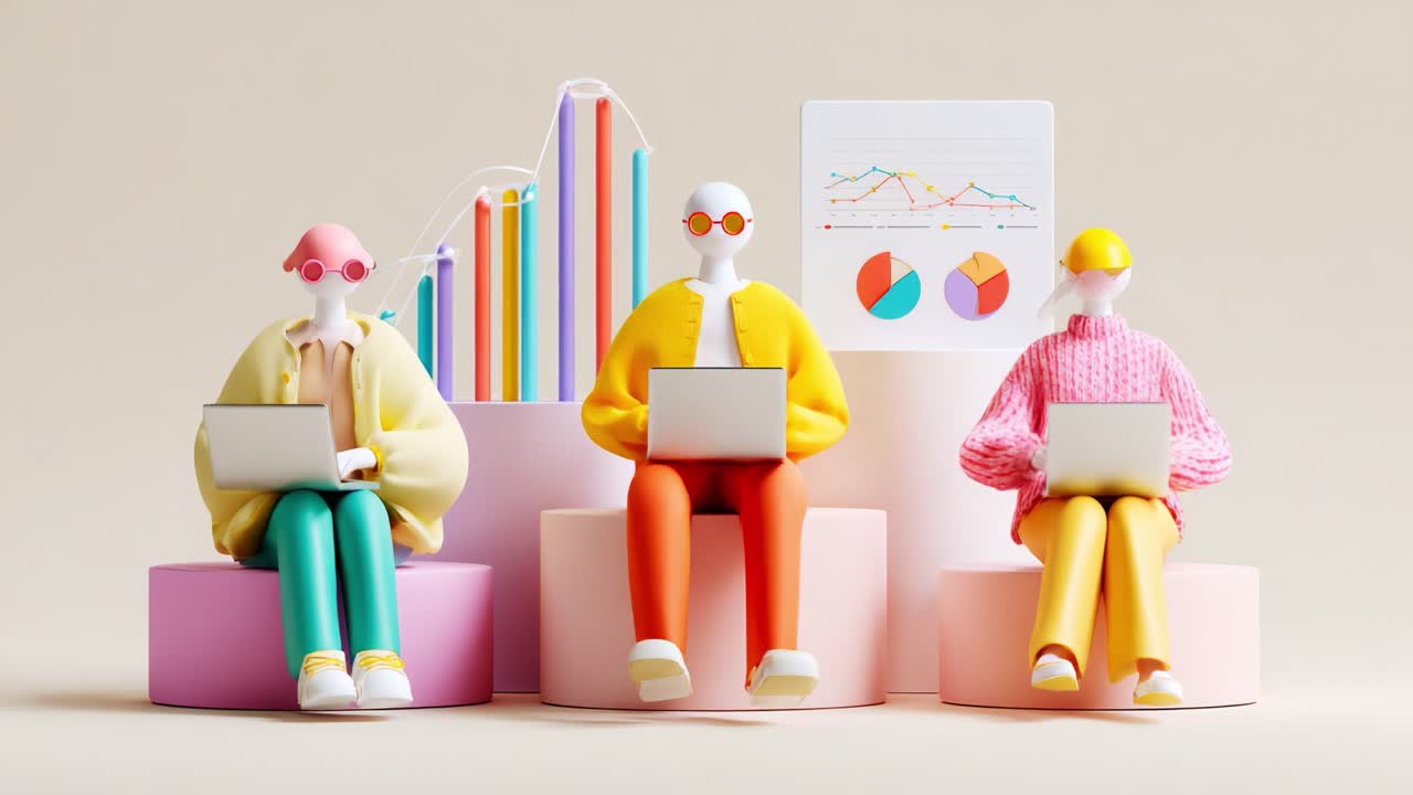 Colorful 3D Figures Engaged in Analytics: A Creative Representation of Data Analysis with Stylized Characters Using Laptops Surrounded by Graphs and Charts