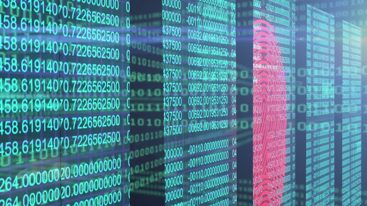 animación del procesamiento de números y huellas dactilares biométricas en servidores informáticos