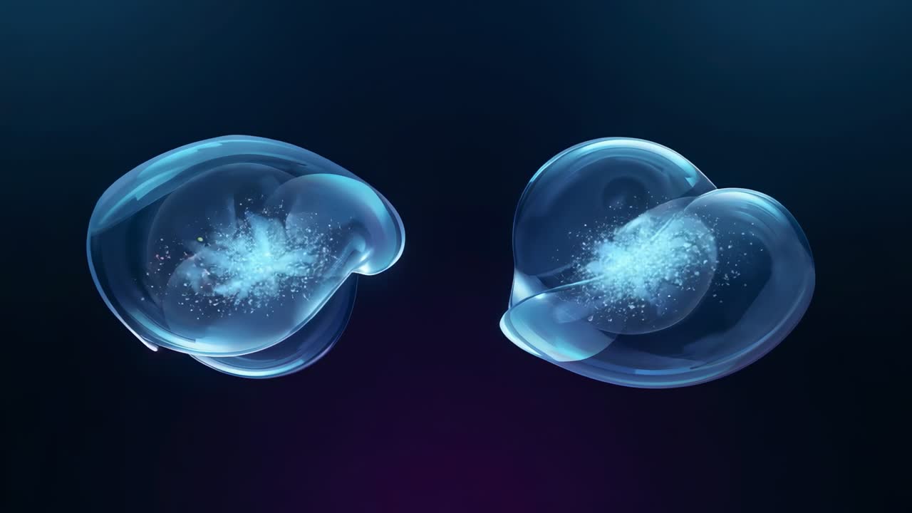Coppia di bolle di gel sporgenti con nuclei luminosi e brillanti che emettono particelle nell'oscurità del vuoto