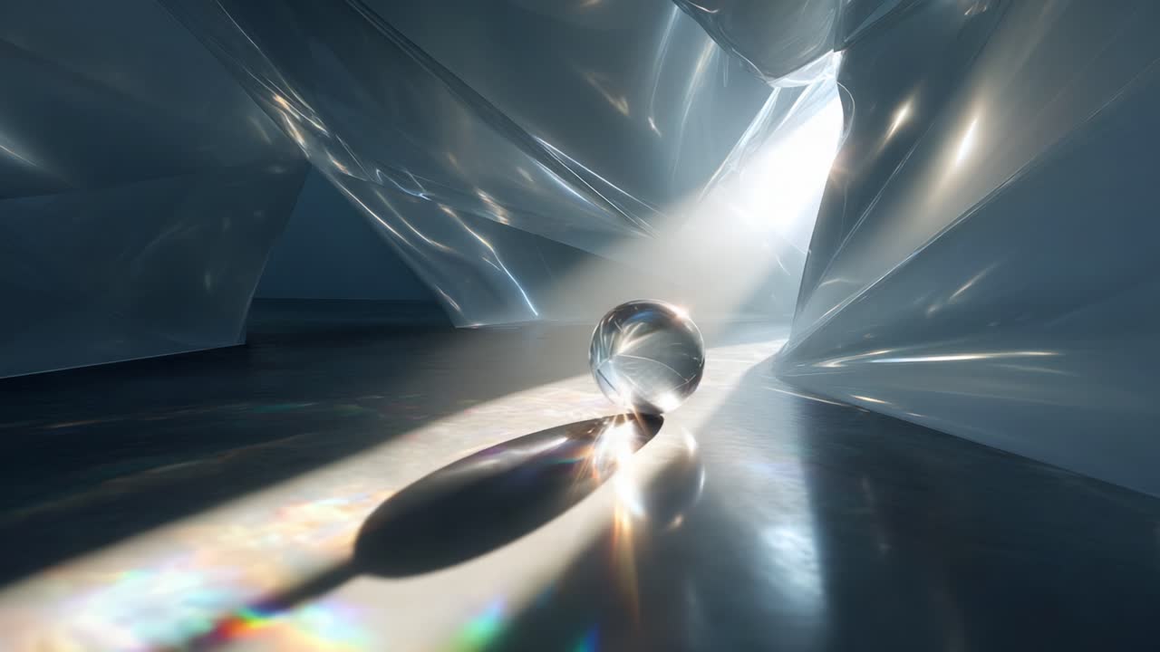 A captivating journey through a translucent and reflective environment, revealing a crystal sphere that captures and refracts light, creating mesmerizing patterns on a smooth surface