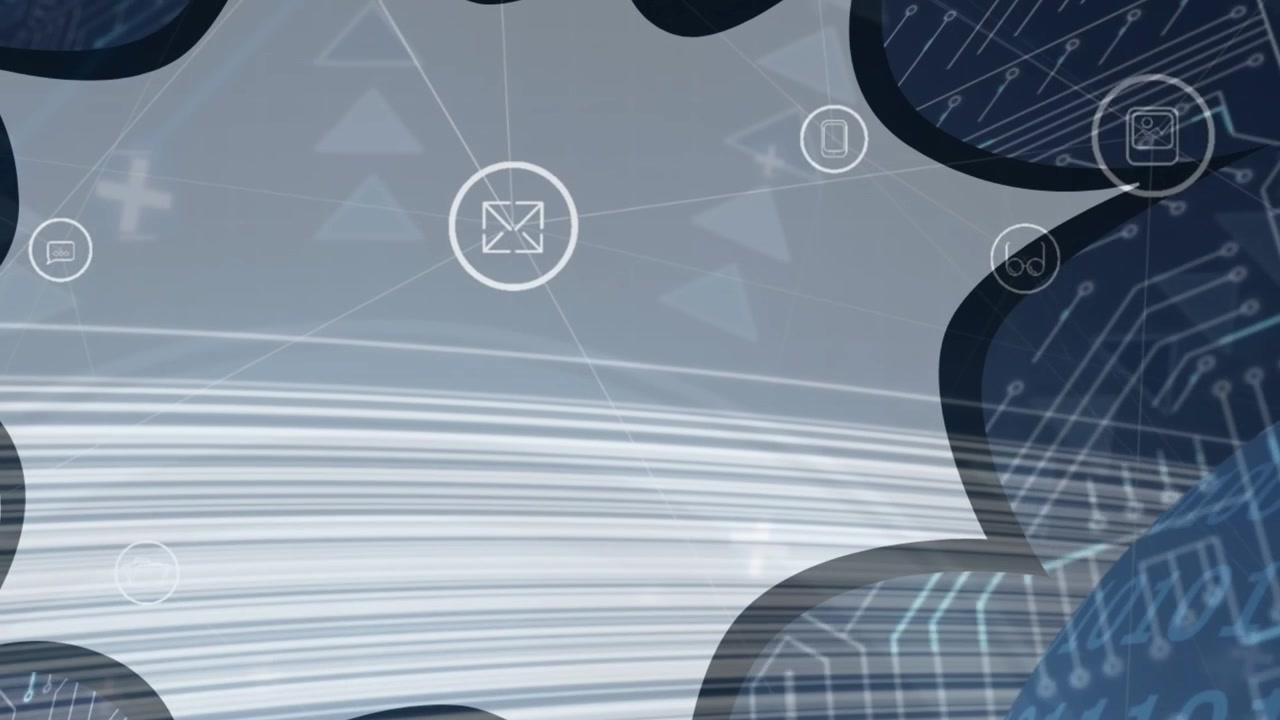 Animation of data processing and network of connections over shapes and computer circuit board