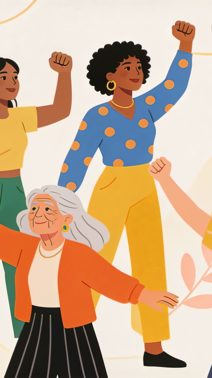 Vertical video: Shifting crop revealing central woman, group raising fists on poster for unity