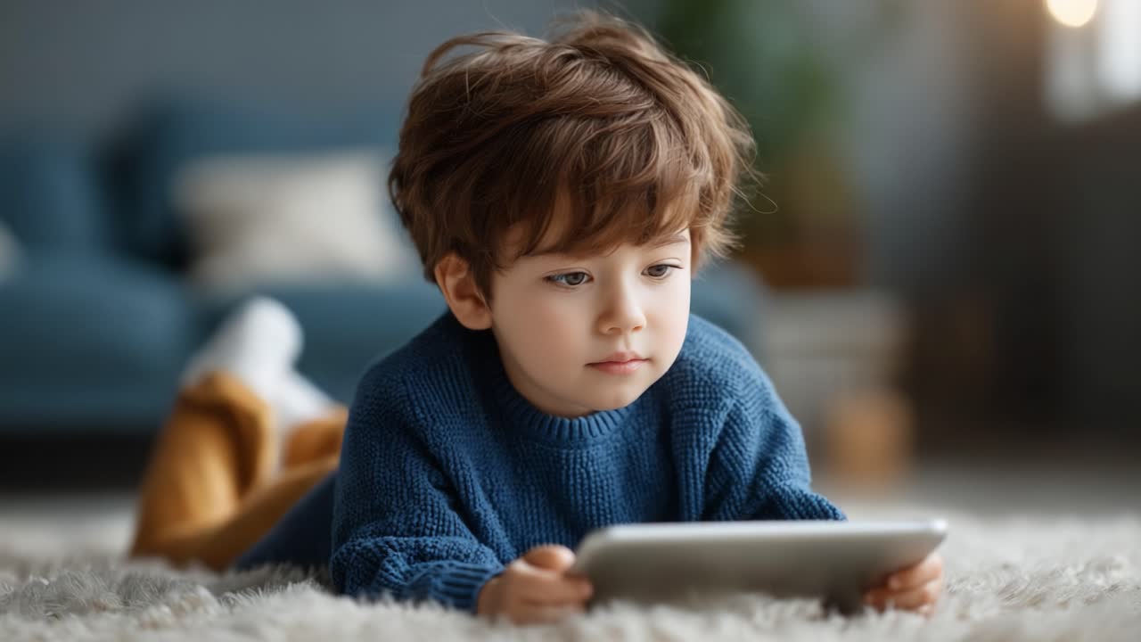 A Young Child Engrossed in Digital Exploration: Moments of Concentration While Interacting with a Tablet in a Cozy Home Environment