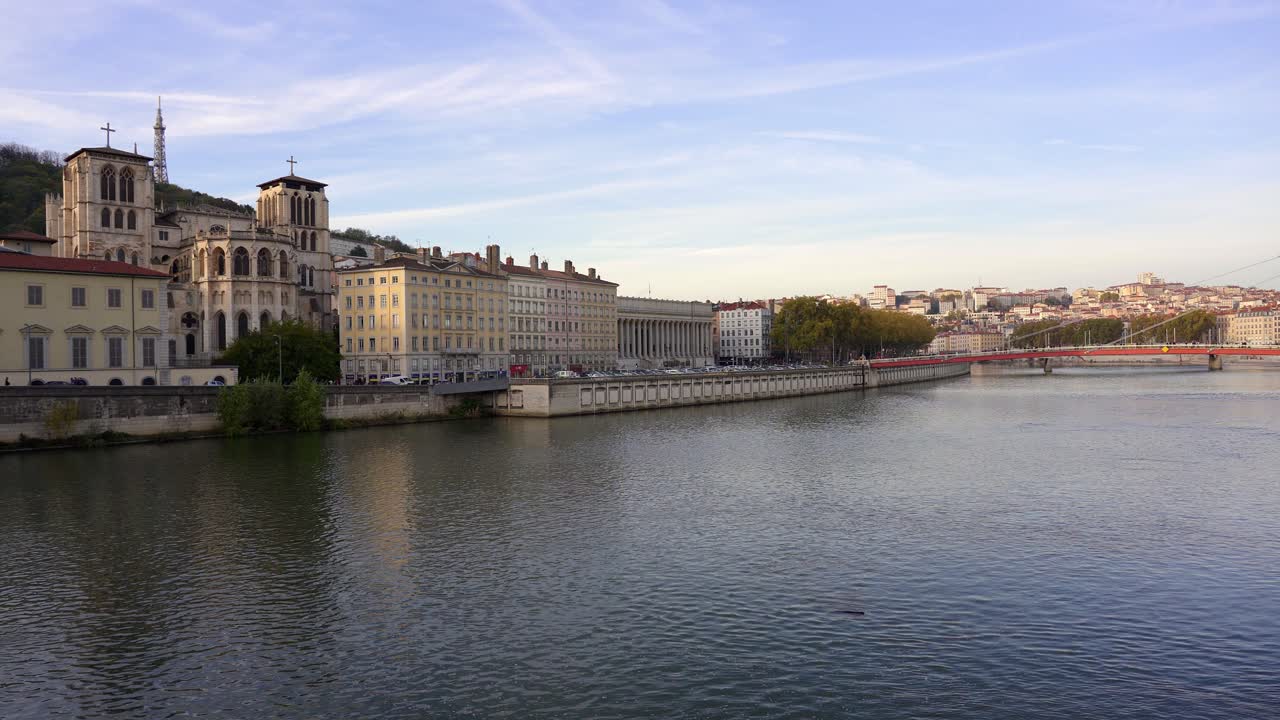 Lyon France, panning shot showing the old town and river.