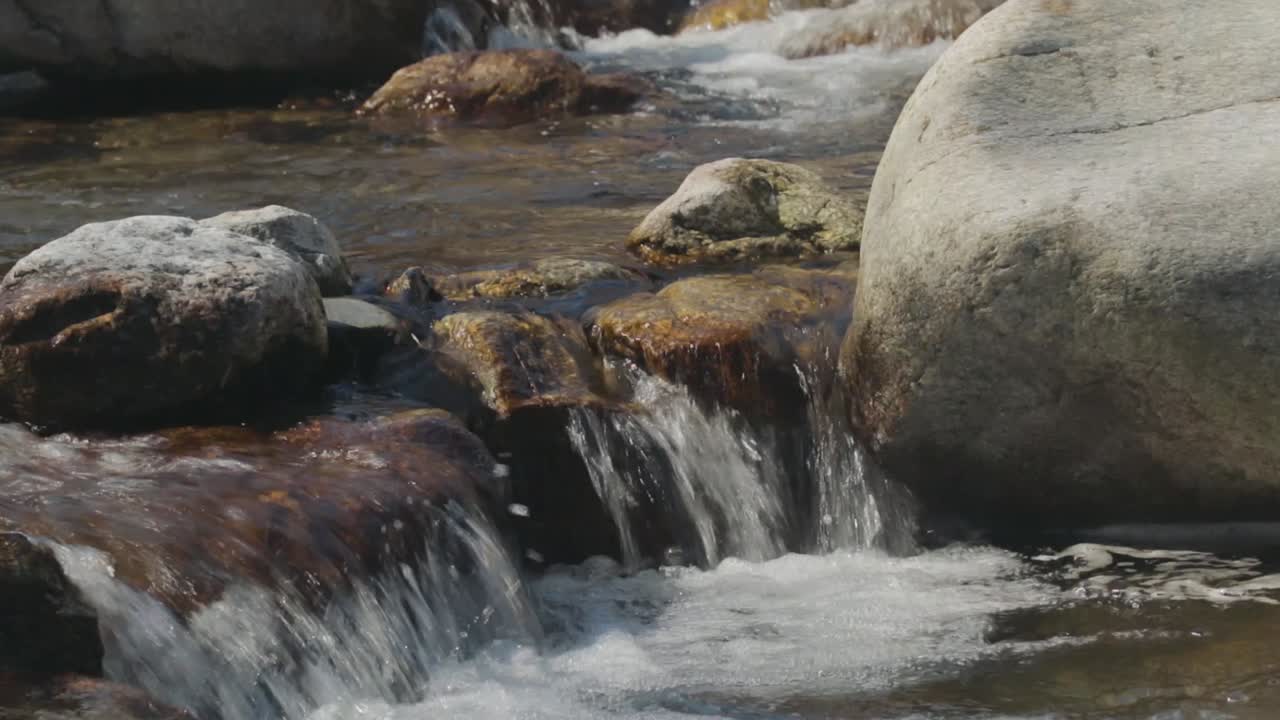 Primo piano dell'acqua in un piccolo ruscello alpino.