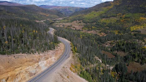 aerial view, traffic on wolf creek pass, road in san juan mountain colorado usa on sunny day