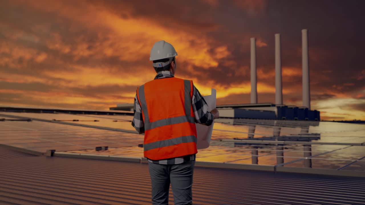 Rückenansicht eines asiatischen Ingenieurs, der beim Gehen und Inspizieren von Solarpaneelen auf einem Dach bei Sonnenuntergang einen Bauplan in den Händen hält