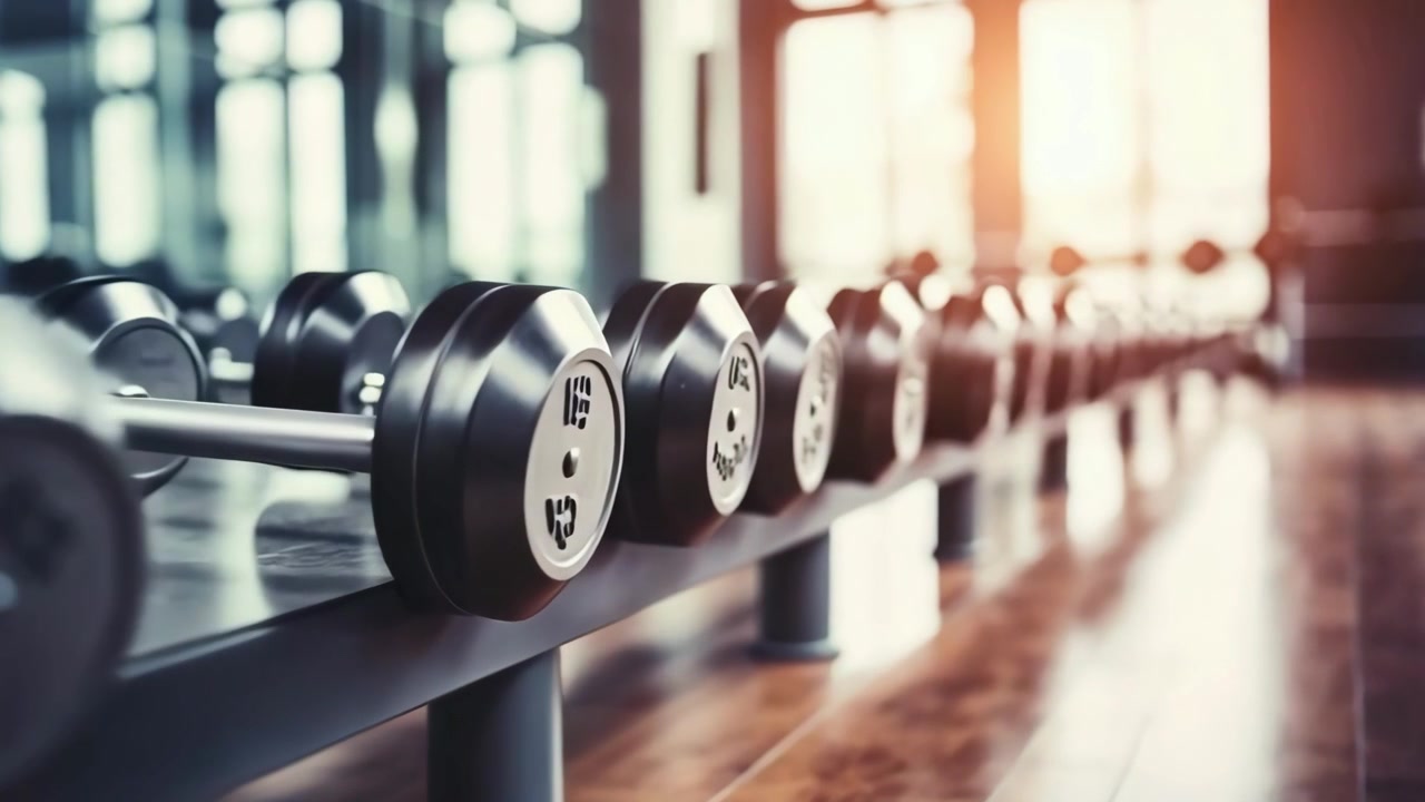 Dumbbells Lined Up on Rack in Modern Gym with Sunlight