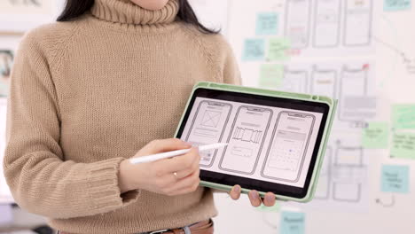 app, developer and woman with hands on tablet