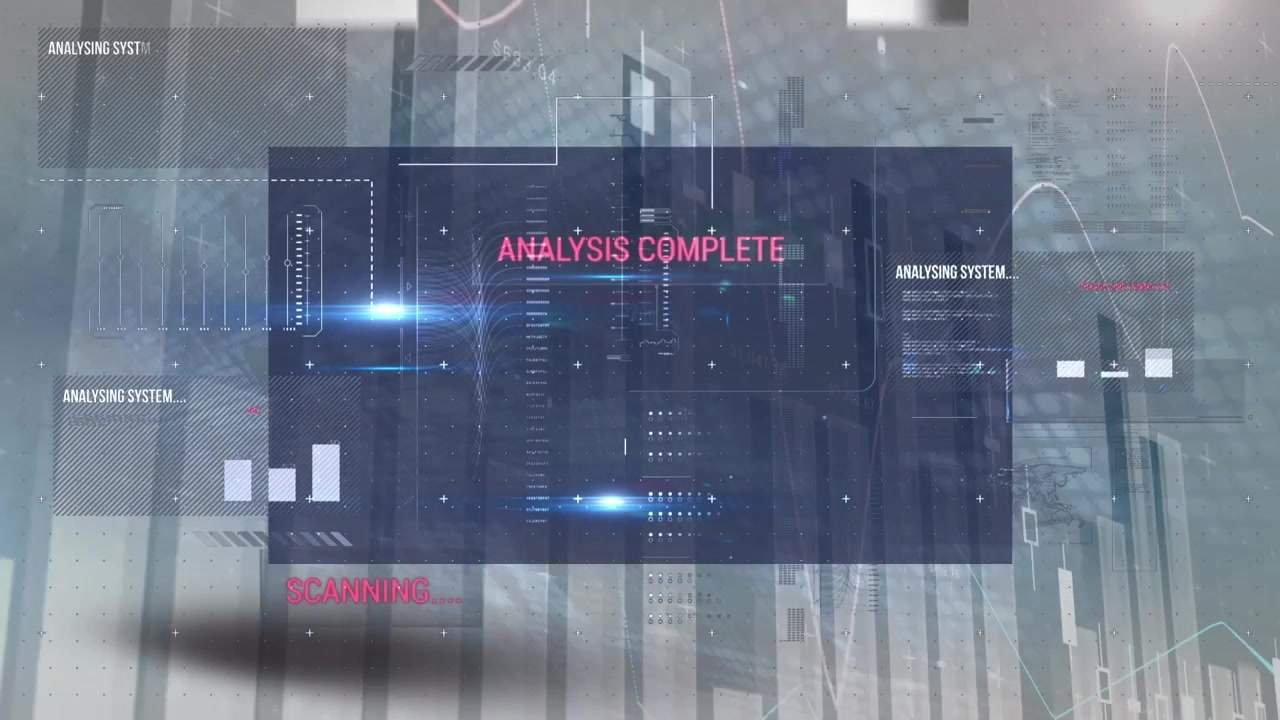 Animation of diverse data, arrows, analysis complete and graphs over grey space