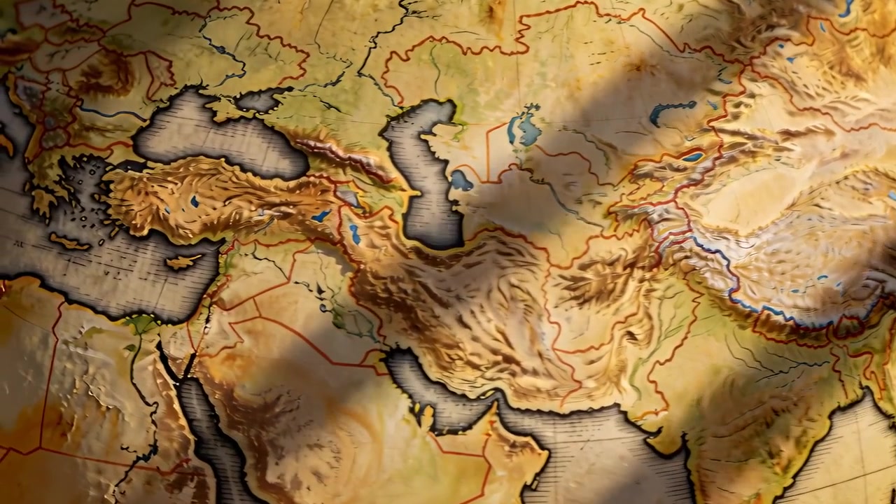 Iluminación cambiante, cámara comenzando a hacer un paneo a través de un mapa en relieve sobre pergamino, destacando el Himalaya.