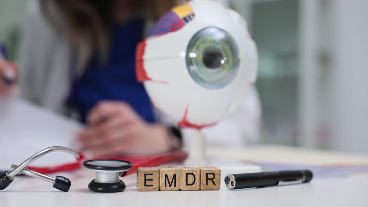 EMDR therapy concept with eye model and medical professional