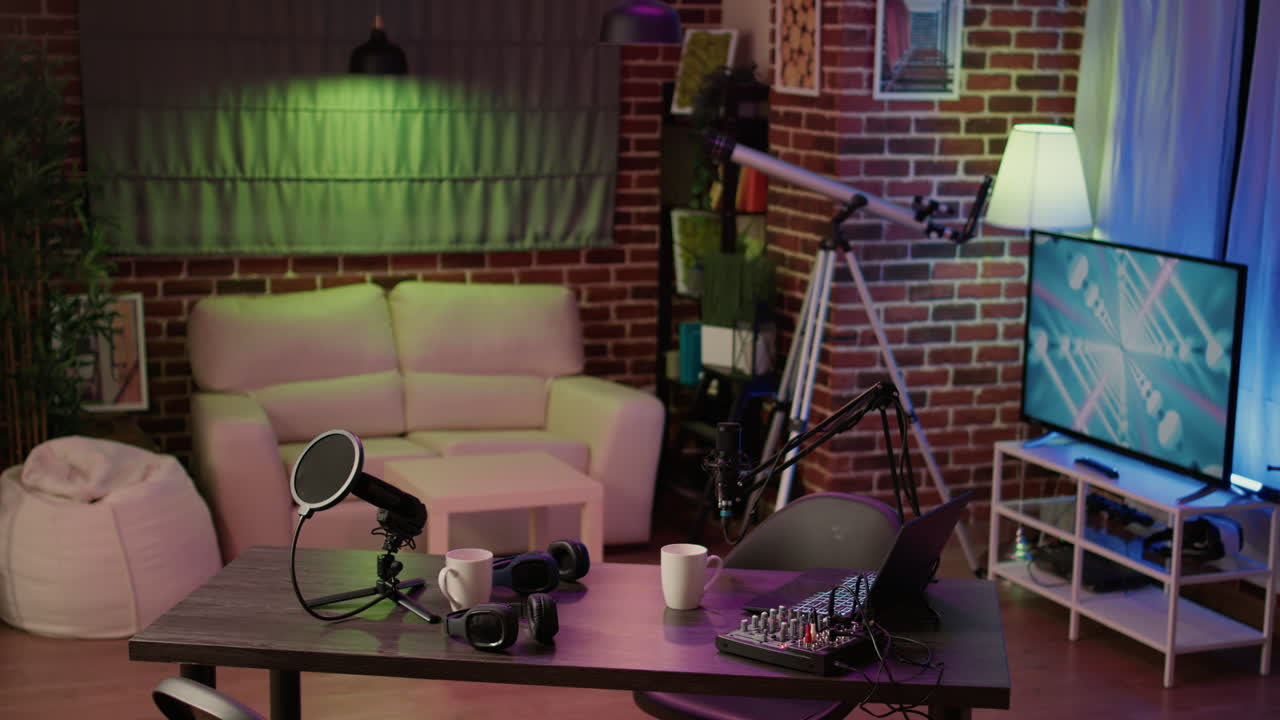 Nobody in podcast production studio with professional microphone and headphones for streaming interview