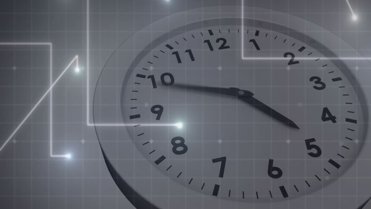 Grid pattern and digital lines overlaying clock face, creating animation effect