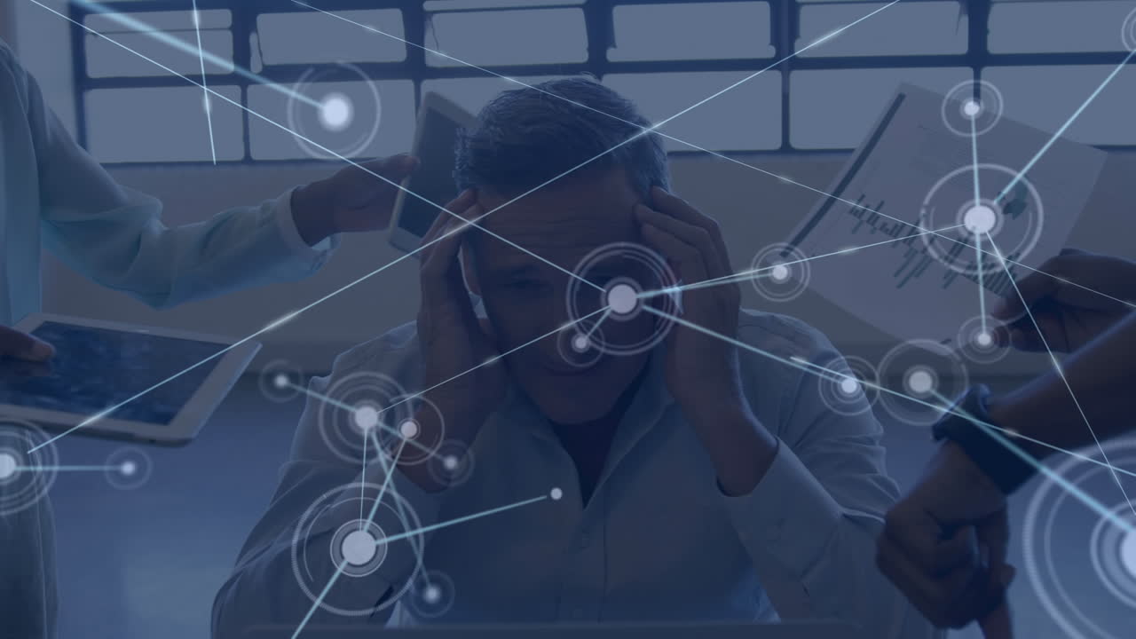 Animation of caucasian businessman surrounded with diverse business items having headache