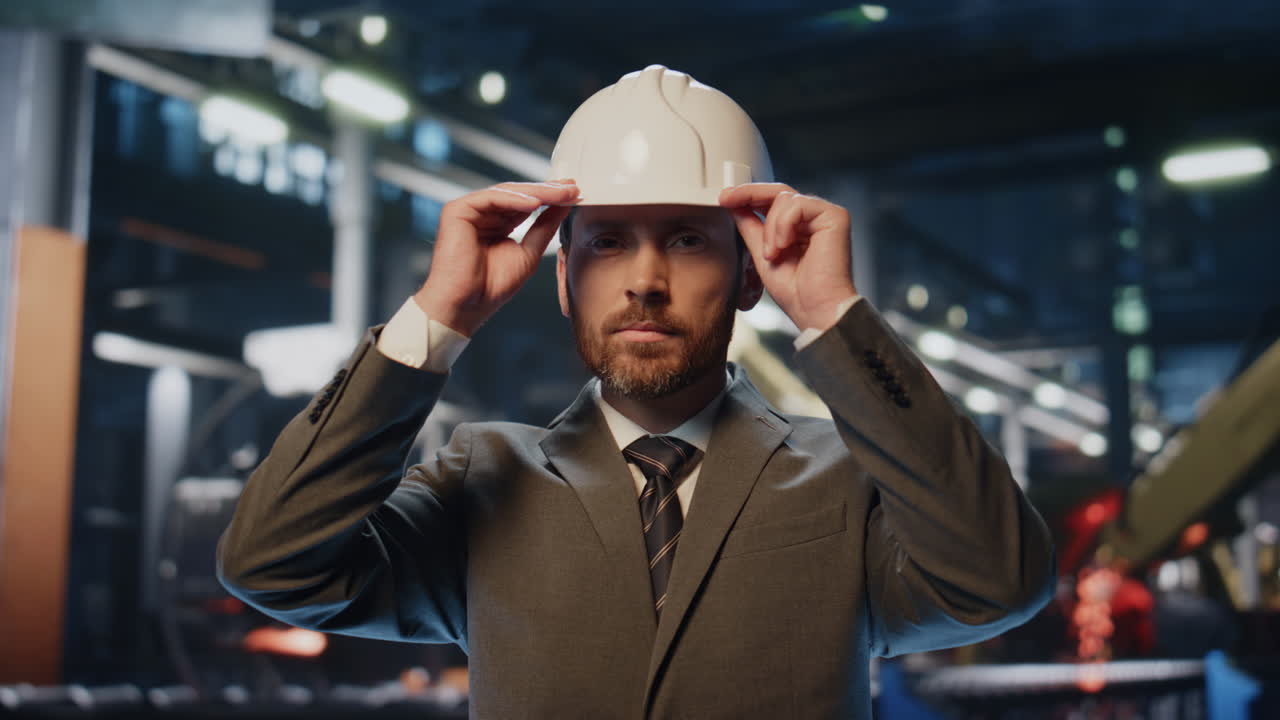 Engineer putting protective helmet smiling camera at modern factory closeup.