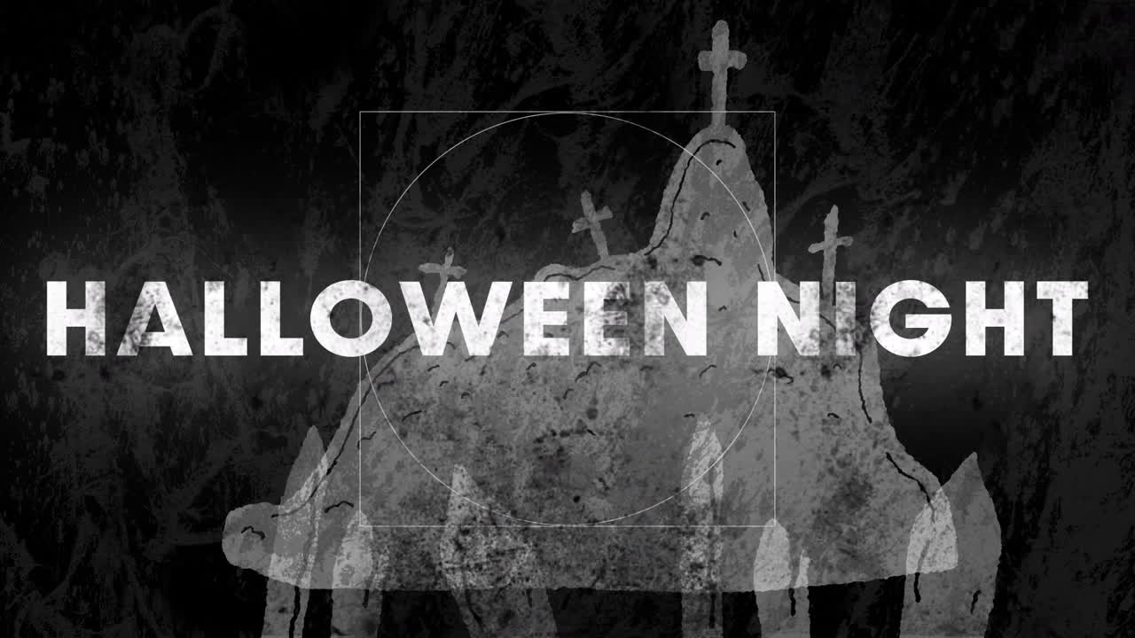 animación del texto de la noche de halloween sobre el cementerio sobre un fondo oscuro