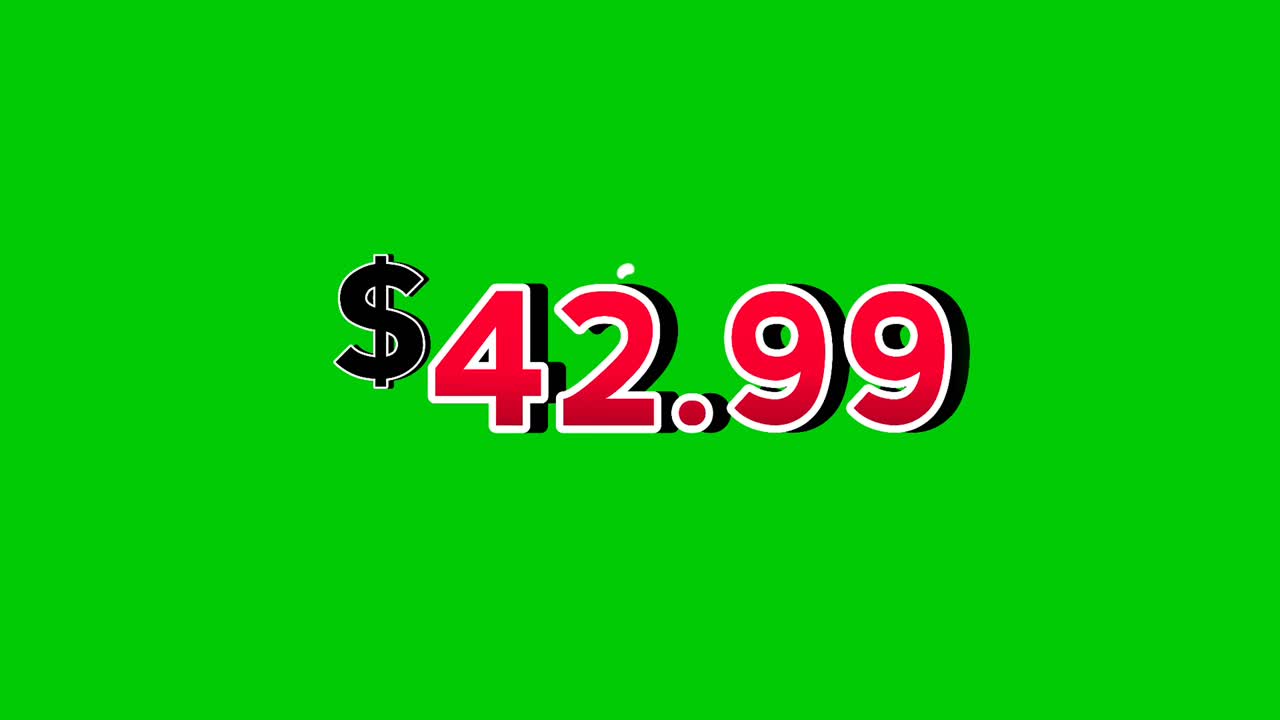 $42.99 Dollars price tag animation motion graphics in bold red numbers on green screen background with smoke effects.dollar symbol is displayed prominently perfect promotions, ads, banners, marketing