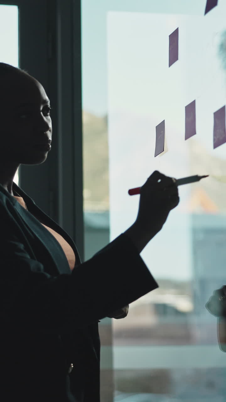 Silhouette of Businesswoman Writing on Glass Board in Office