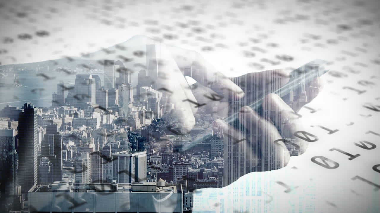 도시 풍경 위의 바이너리 코딩의 애니메이션