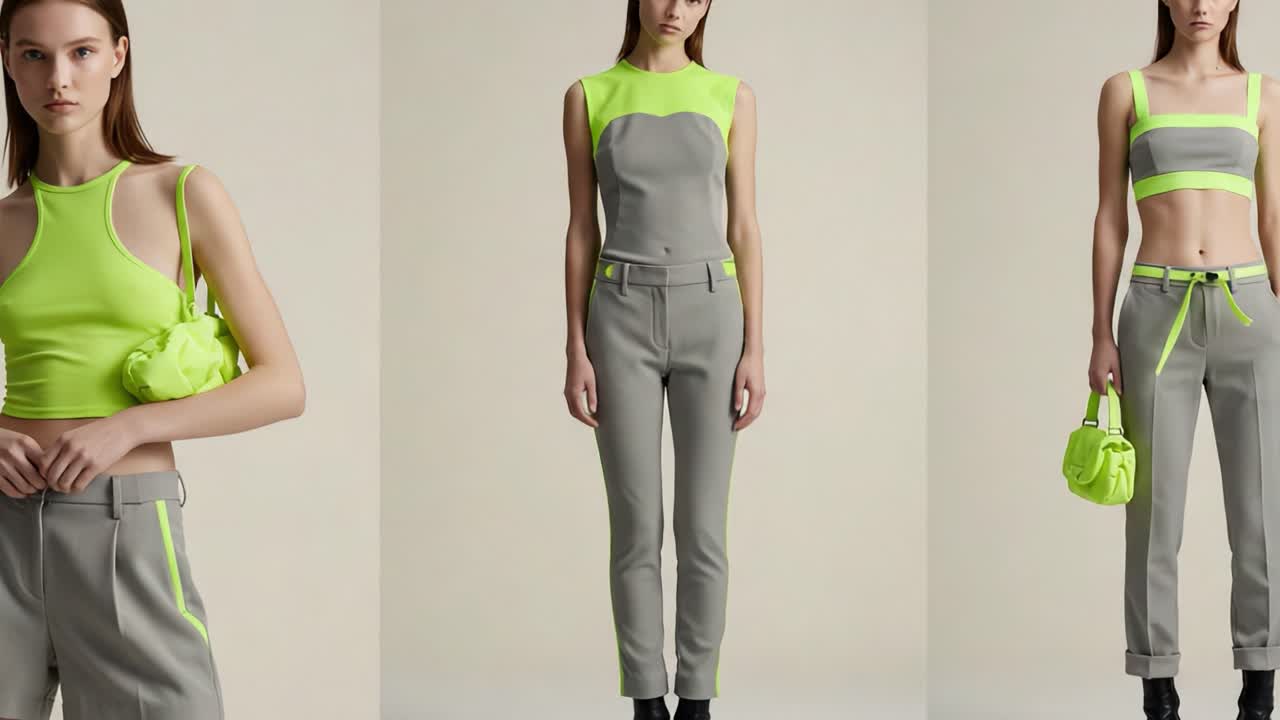 Dynamic Fashion Showcase Featuring a Model in Stylish Neon and Grey Attire, Highlighting Contemporary Trends in Apparel and Unique Accessories for a Modern Aesthetic