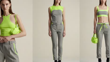 dynamic fashion showcase featuring a model in stylish neon and grey attire, highlighting contemporary trends in apparel and unique accessories for a modern aesthetic