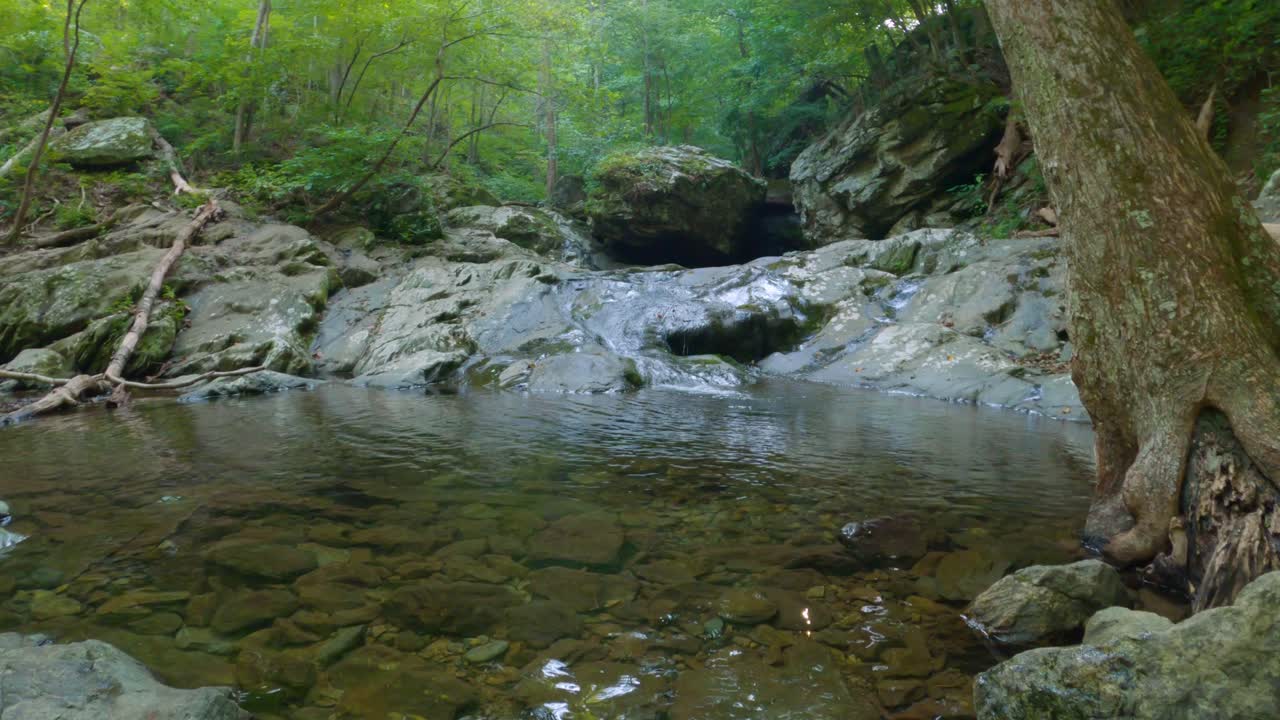 Air terjun yang mengalir ke kolam kecil saat mendaki di Shenandoah Virginia, Statis