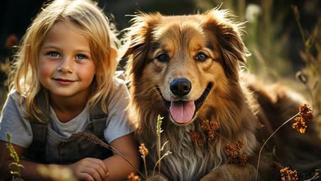 a child enjoys a sunny afternoon with a friendly dog in a meadow