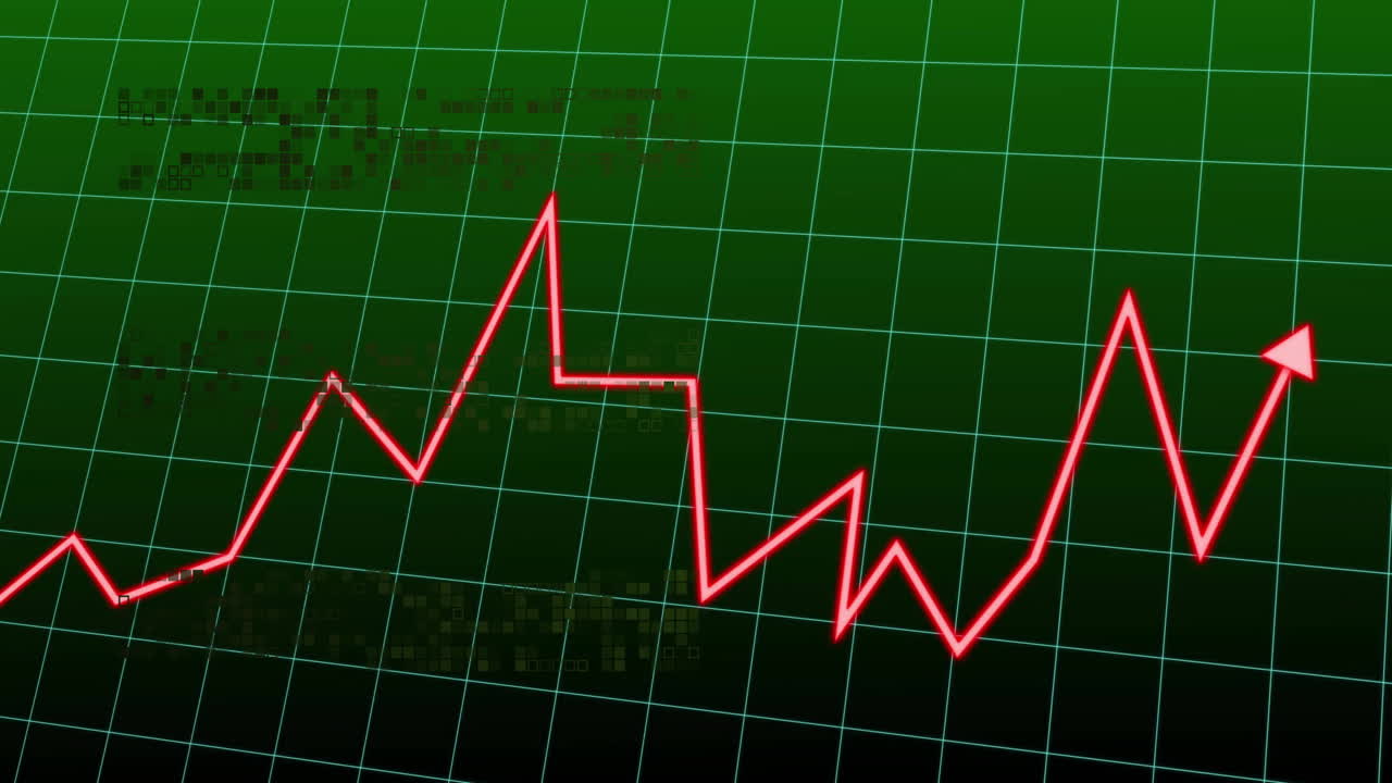 Red line graph on green grid background showing fluctuating data trends