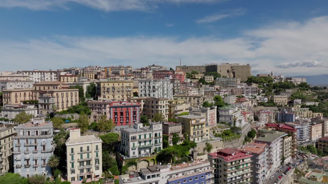 TOP 4K view of Naples. Drone flight over the Italian city of Naples overlooking the sea, castel dell'ovo and Mount Vesuvius. Italy Naples July 2024