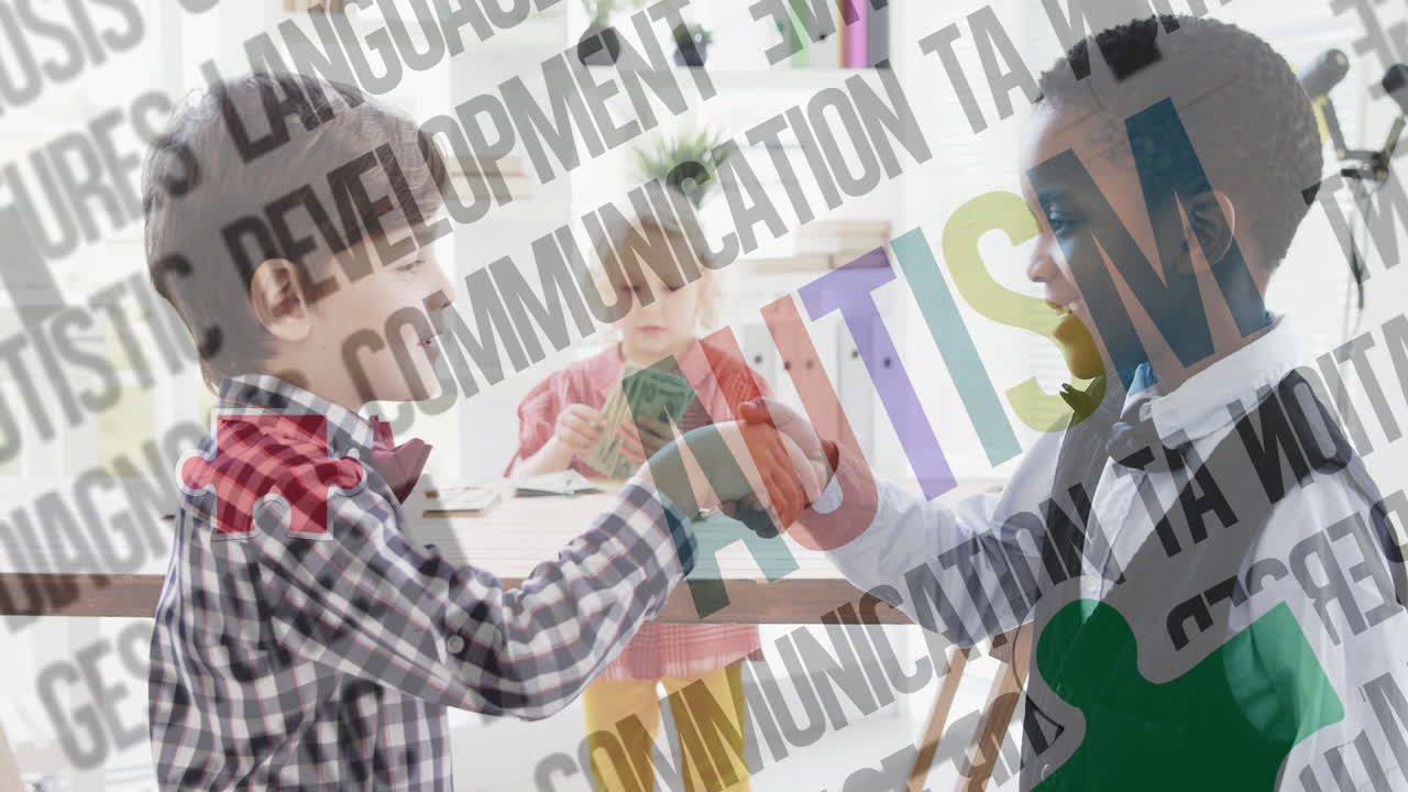 자폐증에 대한 인식 텍스트와 학교 소년들이 악수하는 퍼즐의 애니메이션