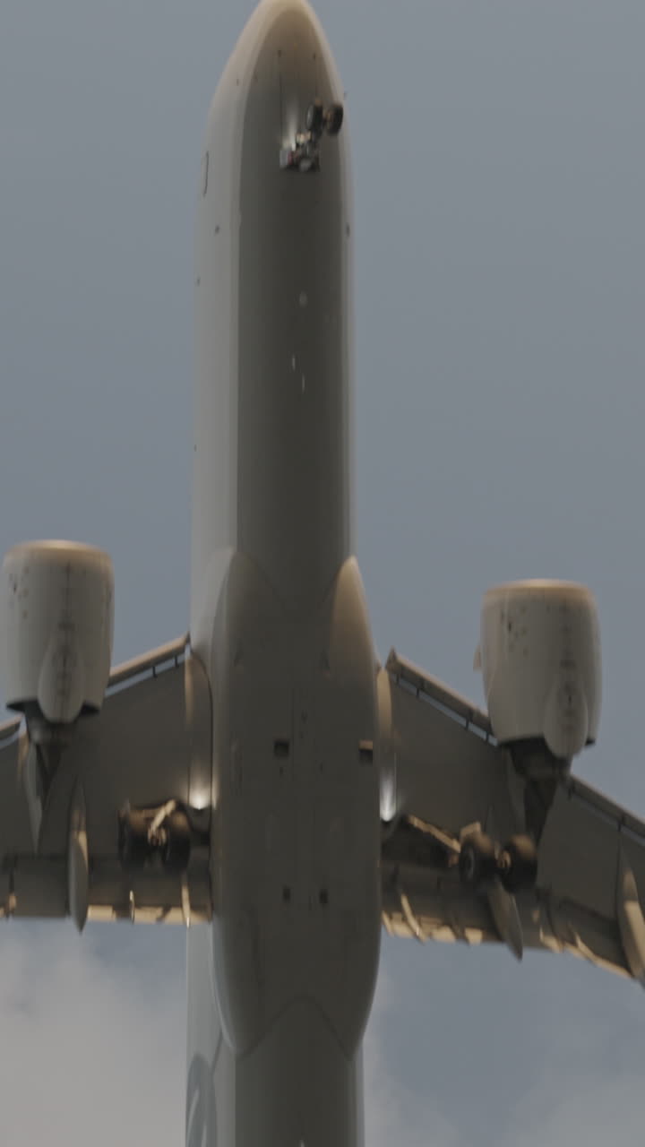 Avión volando en dirección al aeropuerto para aterrizar a cámara superlenta al atardecer en vertical