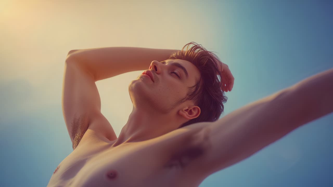 Stretching shirtless man responding to sun, holding slow pose at sky, warm flare, blue gradient
