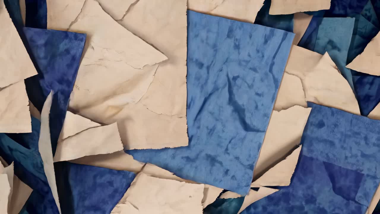 Top-down view of overlapping torn paper pieces in blue and beige, creating a textured collage